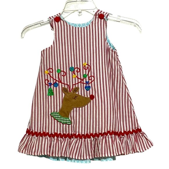 Vtg Mulberry St Toddler Girls Jumper Dress 3T Christmas Rudolph Spring Tulips - Picture 1 of 8